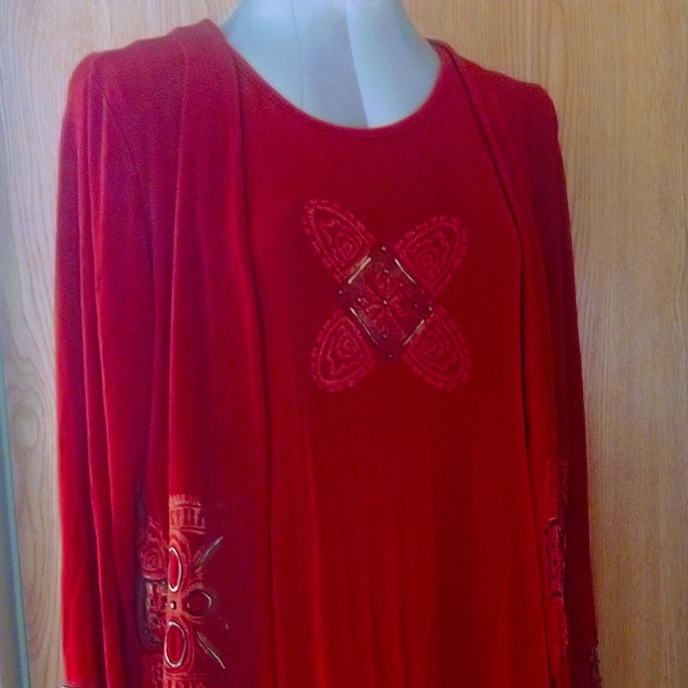 EUC Studio G Women's Red 2 Pcs Tunic Dress Set Ful